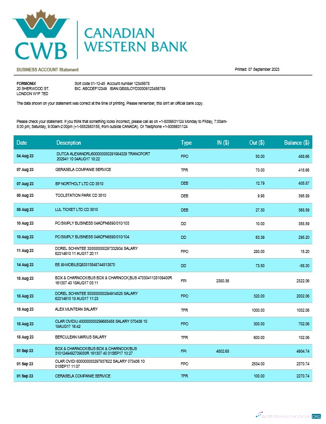 Download Canadian Western Bank firm account statement Word and PDF template Photoshop template